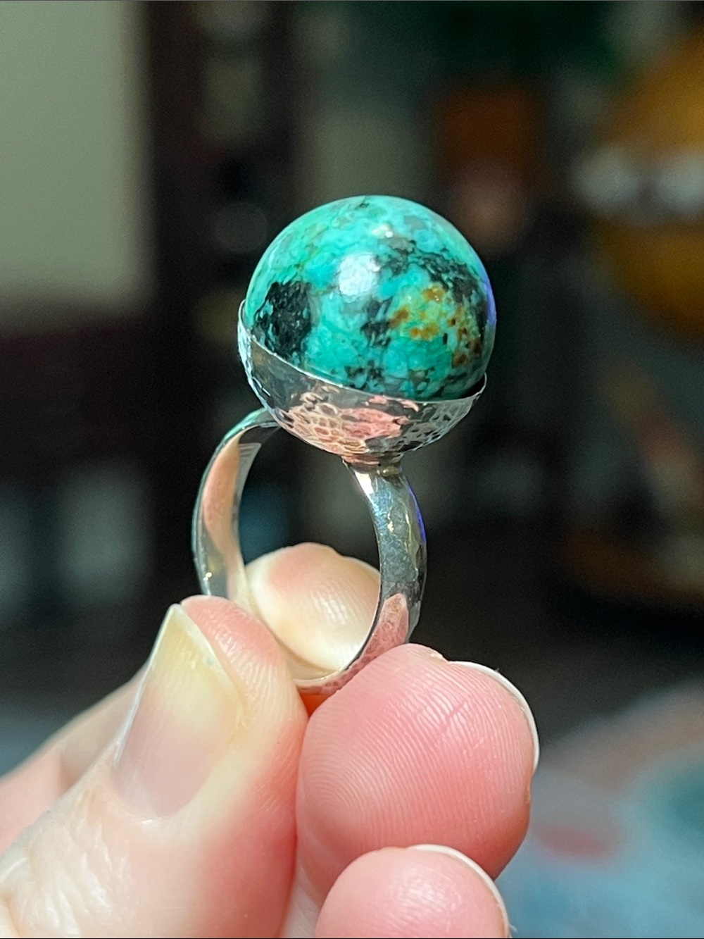 Vintage Modernist Orb Chrysocolla Gemstone Sphere Sterling Silver Ball Ring - Picture 1 of 12